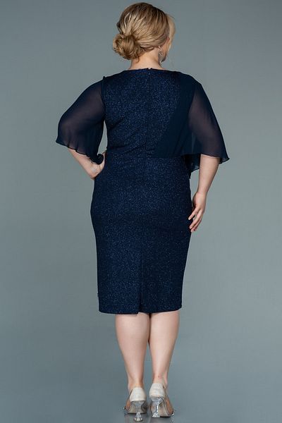 Abiyefon Navy Blue Chiffon Short Sleeve Glitter Midi Plus Size Evening Dress Abk1567