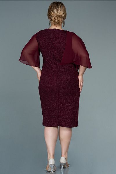 Abiyefon Burgundy Chiffon Short Sleeve Glitter Midi Plus Size Evening Dress Abk1567