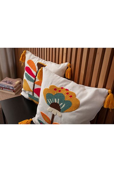 BUGİ HOME COLLECTİON 2-Piece Premium Punch Embroidered Embroidered Branch Flower Themed Throw Pillow Cover