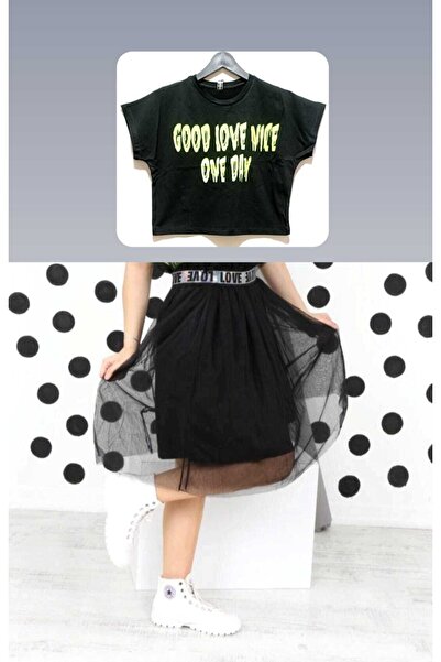 Elvinsa Set de 2 fete cu fustă tutu cu talie înaltă cu volane negre și tricou...