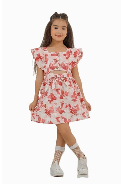 DMB BOYS & GIRLS Butterfly Girl's Dress-Skirted Suit Look, Lightweight, Sleeves Ruffled Pure Cotton Linen Dress