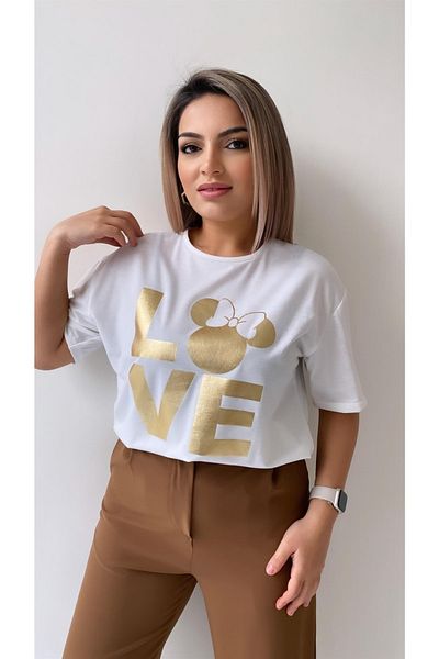 SEDA FİDAN Love Foil εμπριμέ T-Shirt Ecru