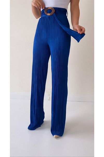 SEDA FİDAN Pantaloni drapați eleganti cu centură plisată albastră