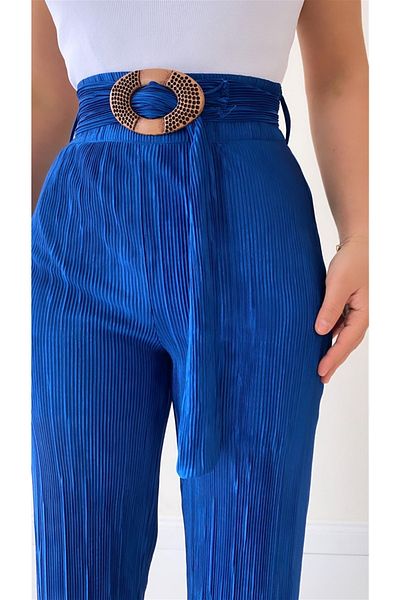 SEDA FİDAN Pantaloni drapați eleganti cu centură plisată albastră