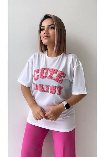 SEDA FİDAN Ανάγλυφο Cute Daisy T-shirt Εκρού Ροζ