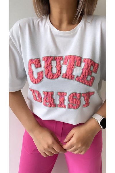 SEDA FİDAN Ανάγλυφο Cute Daisy T-shirt Εκρού Ροζ