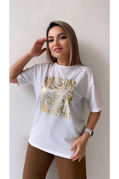 SEDA FİDAN Awe Some Τυπωμένο T-Shirt Εκρου