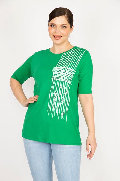 Şans Women's Green Large Size Front Printed Viscose Blouse 65n36167