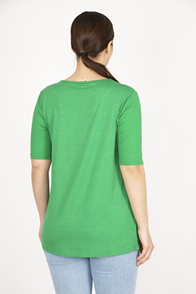 Şans Women's Green Large Size Front Printed Viscose Blouse 65n36167