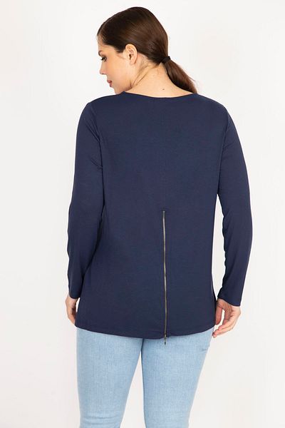 Şans Women's Navy Blue Large Size Bicycle Collar Back Zipper Detailed Blouse 65n36166