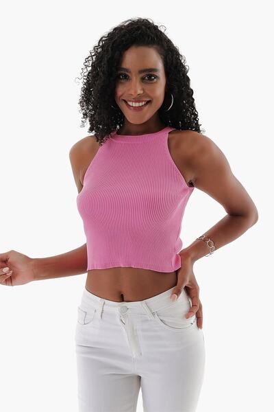 CHUBA Women's Halter Neck Corded Knitwear Crop Pink 23s1008