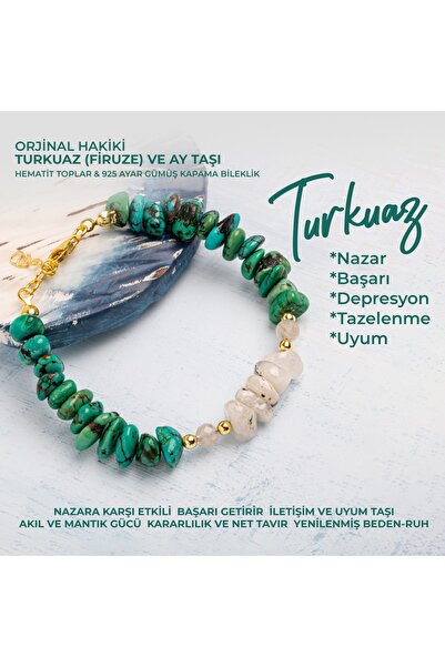 Deniz Doğal Taş Sertifikalı Hakiki Turkuaz (FİRUZE) & Ay Taşı Doğal Taşlı Güm...