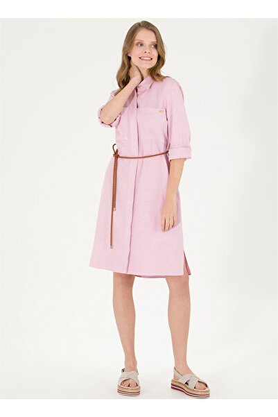 U.S. Polo Assn. Γυναικείο φόρεμα με γιακά πουκάμισου, μονόχρωμο ροζ, μήκος κά...