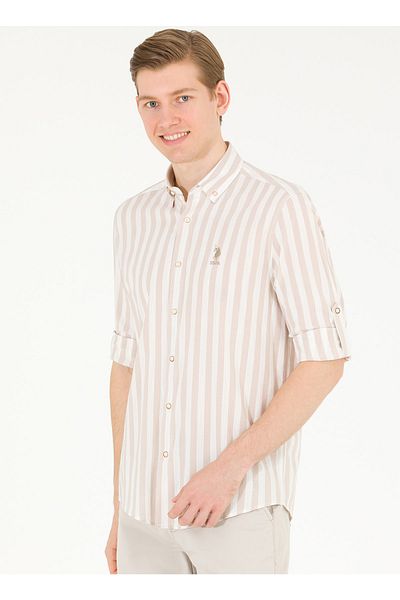 U.S. Polo Assn. Men's Shirt - Comfort Fit, Stand Collar, Stone Color
