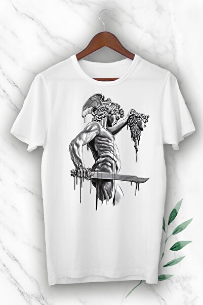 perseusshopping Unisex bela majica sa skulpturom Perseusa iz mitologije Štampano