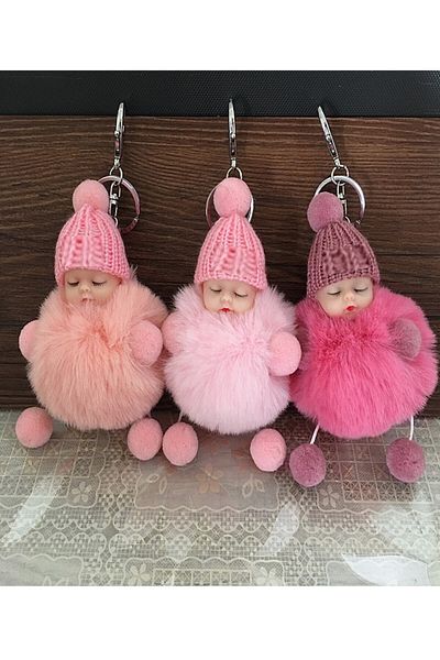 RoseRoi Sleeping Baby Pompom Bag Car Accessory Keychain 1 Piece