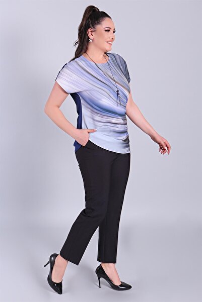 SERTUĞ Блуза великого розміру з низькими рукавами та хвилястим візерунком кольору індиго