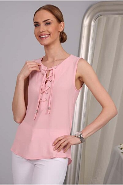 fasardi Kadın Pembe Biye Örgü Şık Bluz 9854