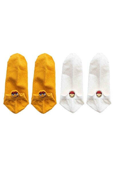 çorapmanya 4 para unisex čarapa u boji senfa, žuto-belih, sa izvezenim emojijima