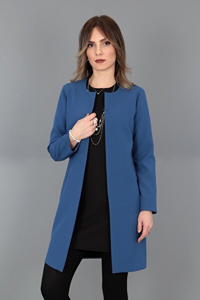 ÖNDER ÖZSOY Sıfır Yaka Düz Uzun Ceket-İndigo