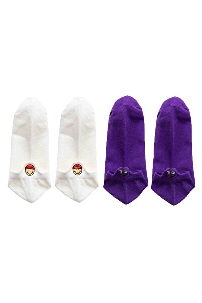 çorapmanya Unisex čarape sa izvezenim emoji likovima u beloj i ljubičastoj bo...