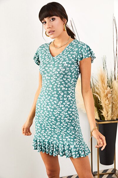 Olalook Kadın Mint Yapraklı Kolu ve Eteği Fırfırlı Kaşkorse Elbise ELB-19001407