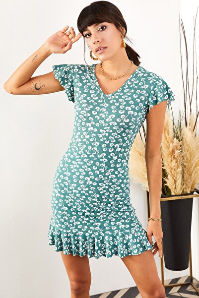 Olalook Kadın Mint Yapraklı Kolu ve Eteği Fırfırlı Kaşkorse Elbise ELB-19001407