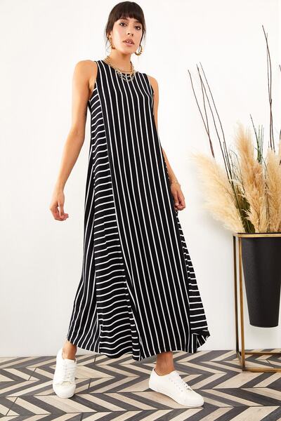 Olalook Dámské černé pruhované dlouhé ležérní šaty ELB-19001075