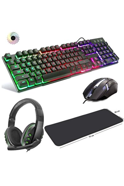 Genel Markalar Oyun Oyuncu Klavyesi Aydınlatmalı Klavye, Mouse,oyuncu Kulaklık Ve 70x30 Cm Mousepad Siyah