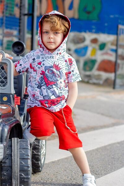 Hilal Akıncı Kids Boy's Red Hooded King Dog Model T-Shirt Shorts Chain Tracksuit Suit B-113