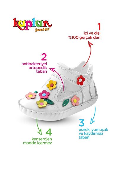 KAPTAN JUNIOR Ilkadım Hakiki Deri Kız Bebek Çocuk Ortopedik Ayakkabı Patik Itdk 205 Beyaz