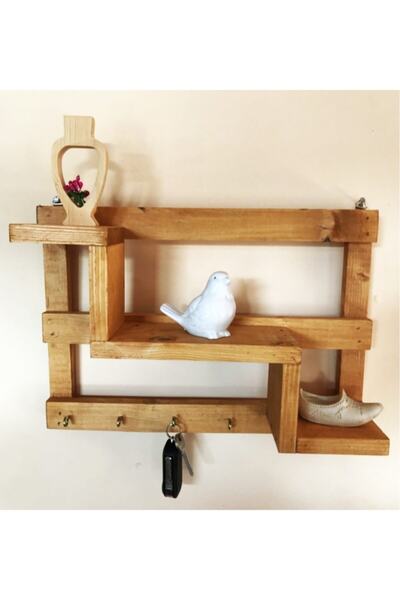 EmAyCenter Ahşap Raf Anahtarlık, Anahtar Asma Bölümlü Duvara Montaj