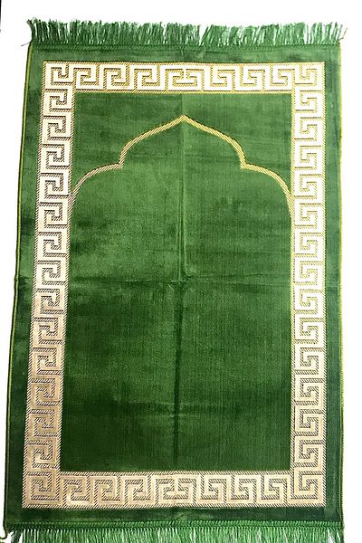 Kardelen Patternless Velvet Pistachio Green Prayer Rug, Velvet Yasin, Pearl Rosary