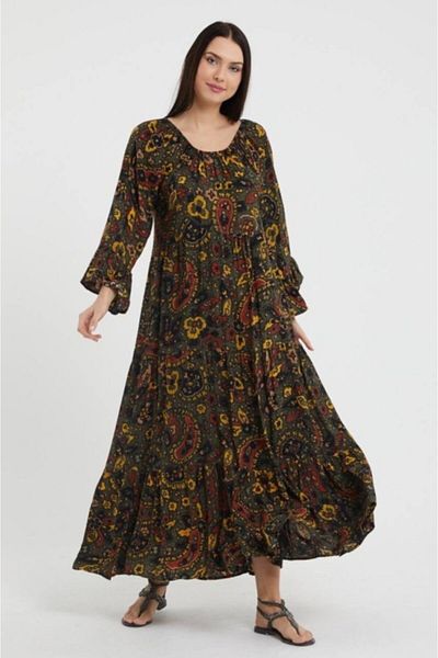 ZTO Ethnic Shawl Patterned Madonna Collar Spanish Dress