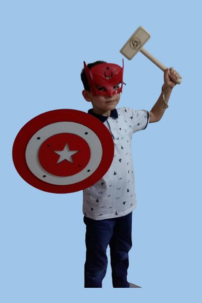 Ahtek Set of 3 Wooden Toys - Turkey Captain Mask, Shield and Wood Tor Hammer