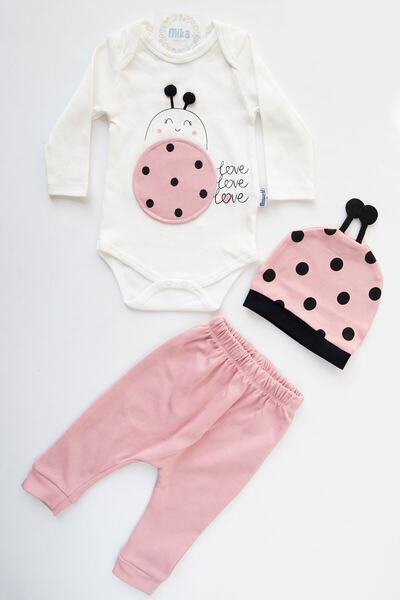 Mika Bebek & Çocuk Kız Bebek Pudra 3 Parça Şapkalı Takım Uğur Böceği Desenli
