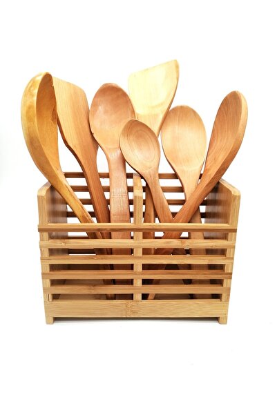 ELEGANCEV Standlı Ahşap Kepçe Kaşık Spatula Servis Seti 8prç