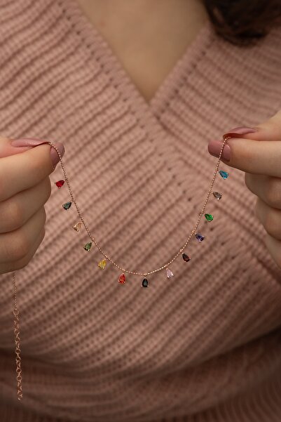 Nereze 925 Ayar Sıralı Damla Mix Taşlı Kadın Gümüş Kolye