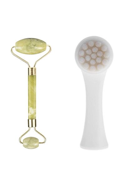 DecoTown Set of 2 Double-Sided Skin Cleansing Brush and Jade Stone Double-Sided Skin Massage Tool