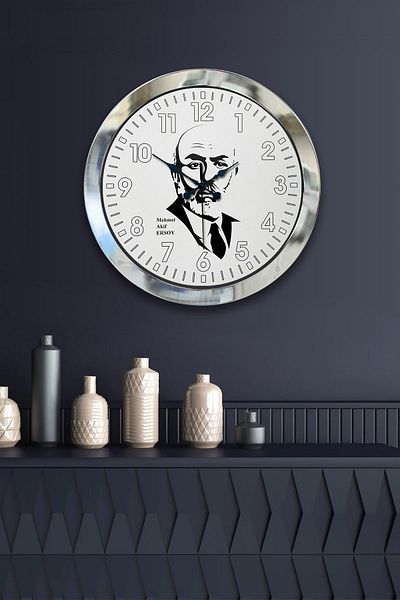 Kasva Concept Gift 36 cm Chrome Metal Mehmet Akif Ersoy Wall Clock