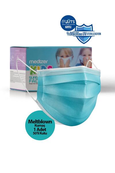 Sabomar Medizer Meltblown Kumaş Full Ultrasonik Cerrahi Çocuk Maskesi 3 Katlı 50 Adet - Burun Telli - Mavi