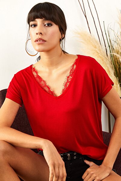 Olalook Women's Red Collar Lace Casual Viscose Blouse BLZ-19000873