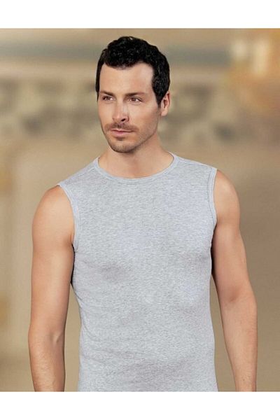 Şahinler Men's Athlete's Body - Pack of 3, Zero Sleeve, Flexible Rib, Gray Melange, Cotton Polyester