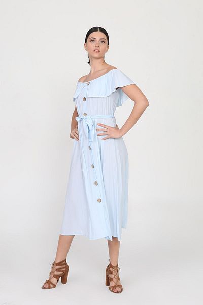 Ceylen Rochie de damă, cu decolteu din cauciuc, cu volane, cu nasturi în față, lungime midi