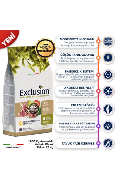 Exclusion Düşük Tahıllı Monoprotein Kuzu Etli Ve Narlı Yetişkin Köpek Maması 3kg