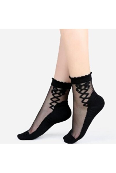 çorapmanya 2 Çift Kadın Desenli Siyah Tül Çorap