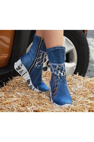 StarBlueMooN Women's Denim Long Boots