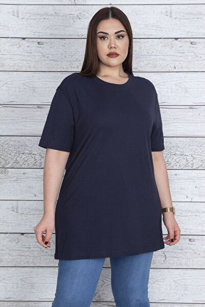 Şans Γυναικεία μπλούζα Navy Blue φαρδιά κομμένη βαμβακερή μπλούζα Oversize 65N23414