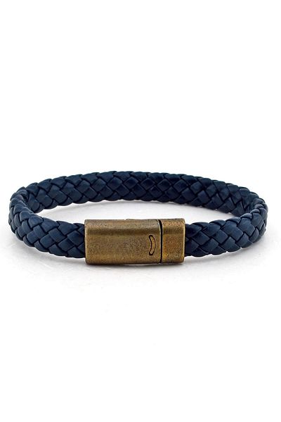 Solfera Men's Bronze Magnetic Navy Blue Leather Bracelet Bt197