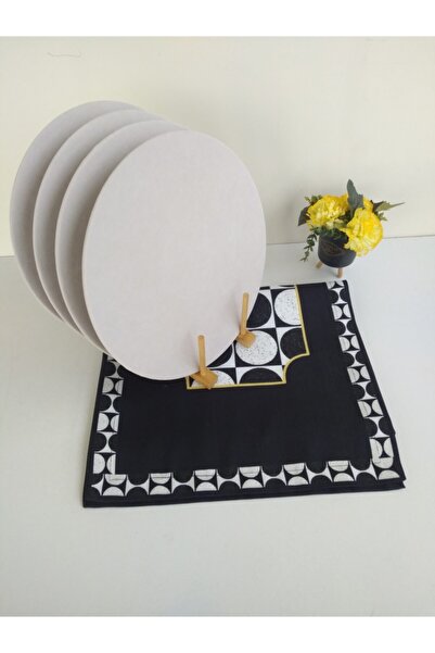 Ayşemce Σετ τραπεζομάντηλων αμερικάνικου στυλ, ασπρόμαυρο στρογγυλό τραπεζομά...